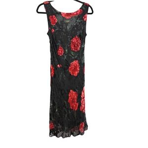 Black Silk Blend Red Floral Burnout‎ Devore Midi Dress Womens 10